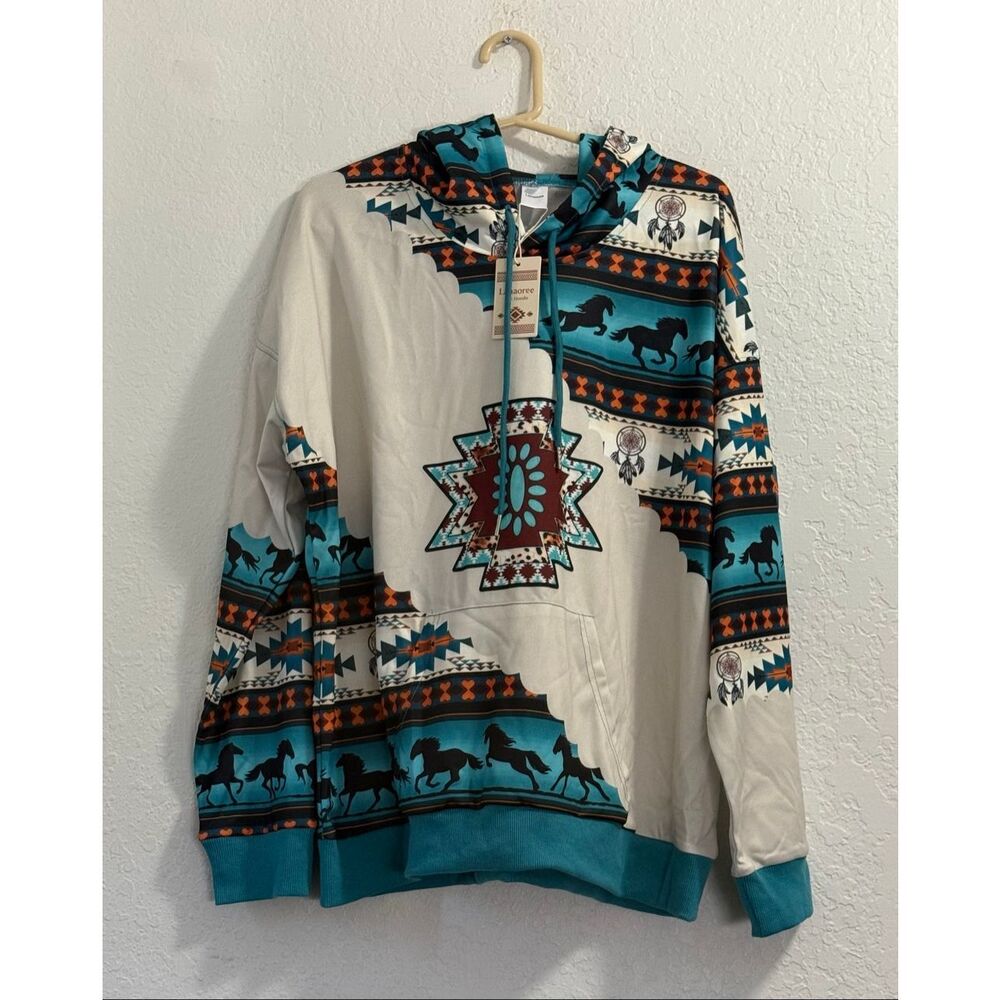 New Native Southwestern Tribal Aztec Double-Sided Print Hooded XL Sweatshirt